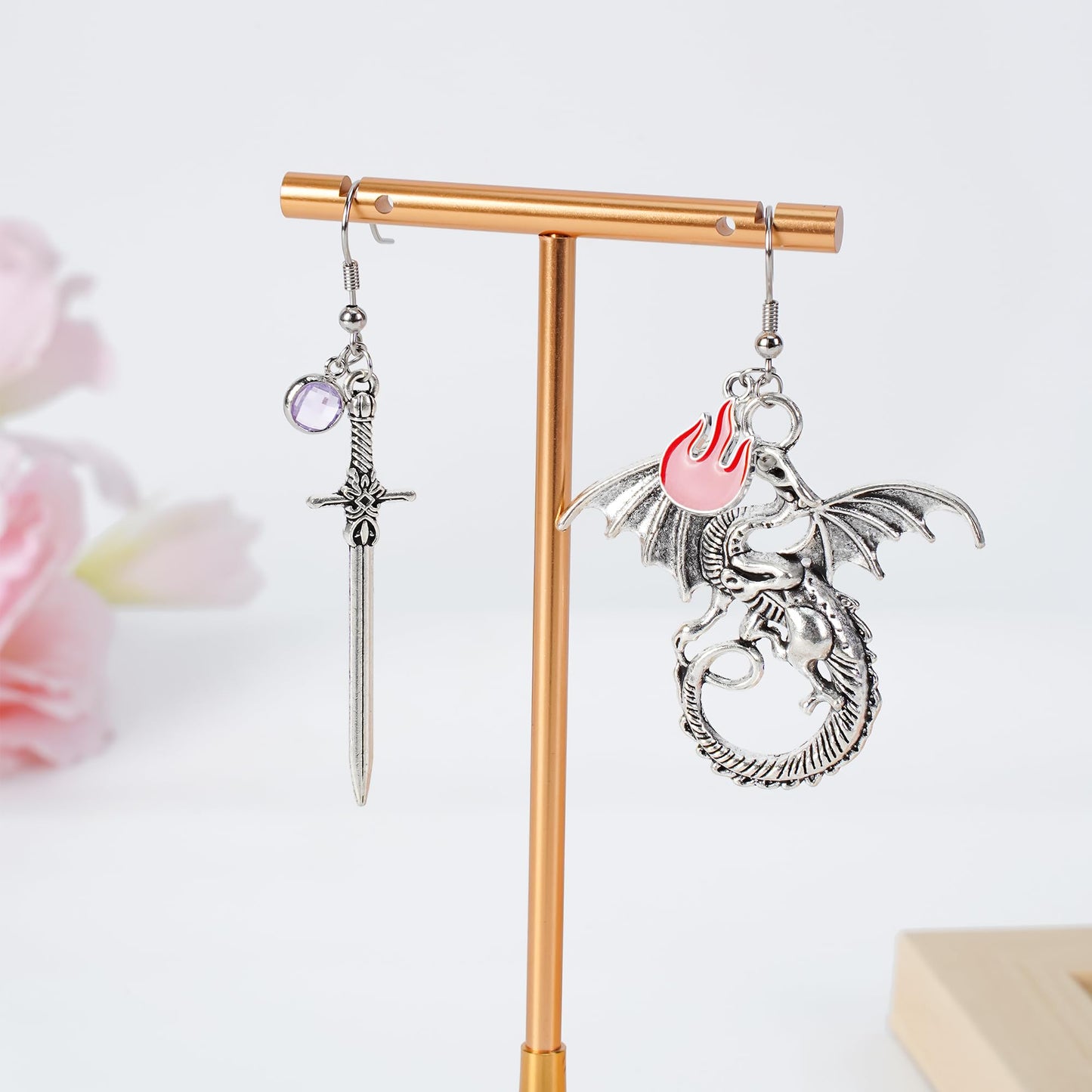 callie Personalized Sword Dragon Earrings - Custom Birthstone, Sterling Silver 925/Brass Gothic Dagger Dangle Earrings, Jewelry Gifts for Women Men