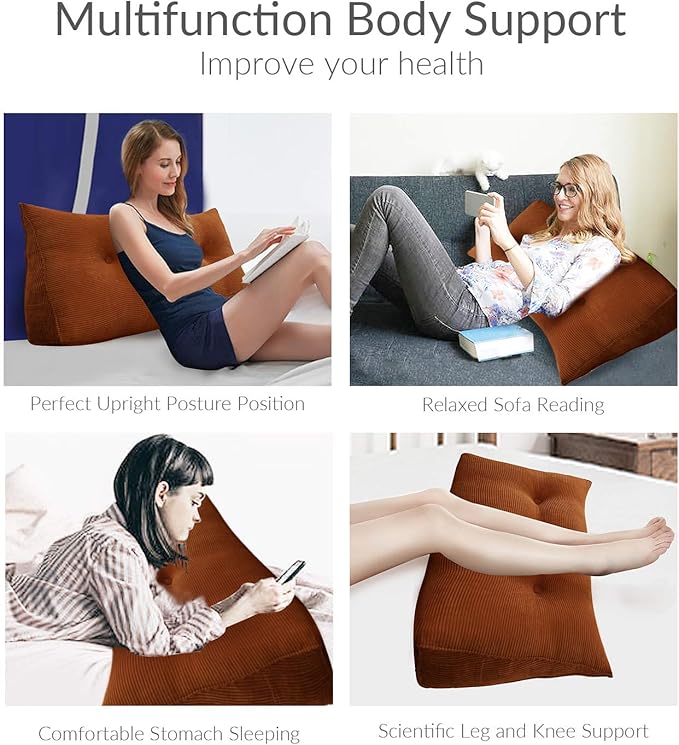 Wedge Headboard Pillow Dorm Room Reading Pillow Back Support for Sitting Up in Bed Bolster Lumbar Cushion Body Positioning Bedrest Corduroy (Coffee, Queen (59 * 8 * 20in))