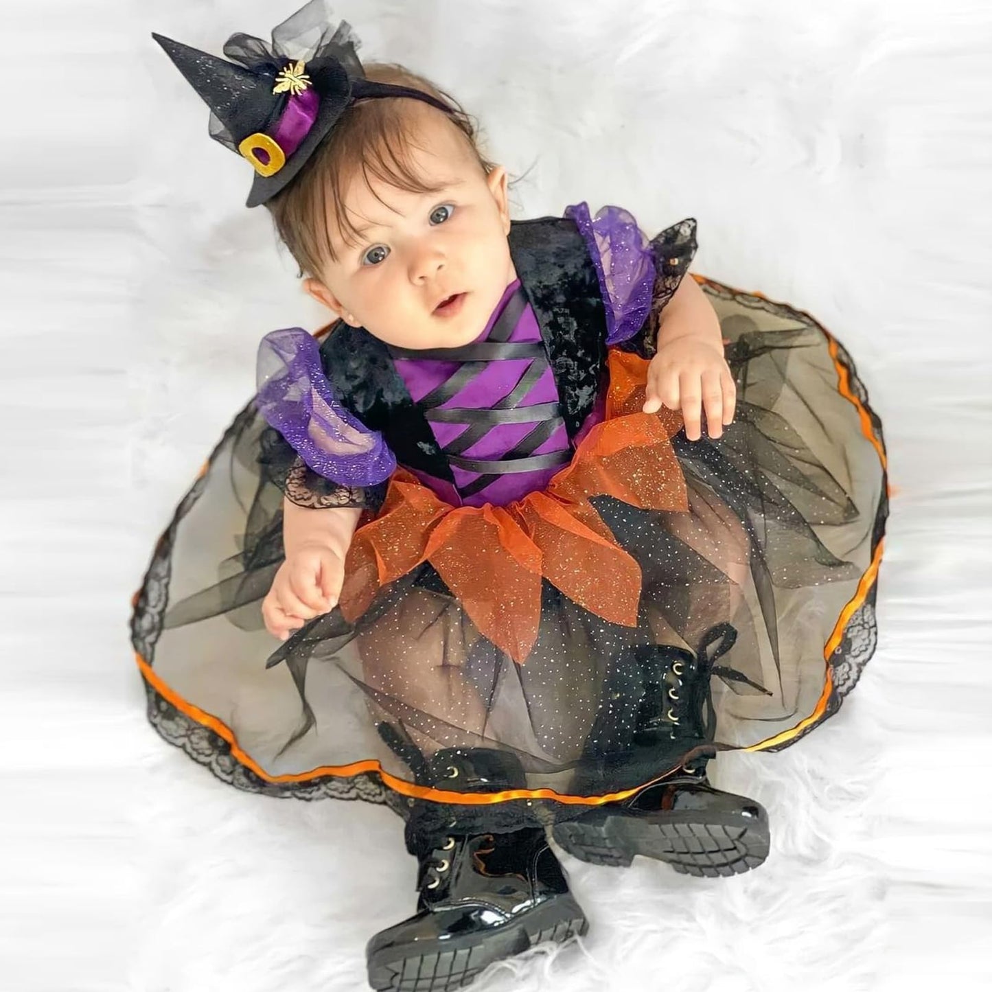 Nicoxijia Newborn Baby Girl Halloween Witch Costume Puff Sleeve Tulle Romper Dress Lace Tutu Skirt Bodysuit Party Outfits