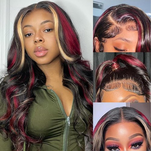 abgese Red Blonde Highlight Wig Human Hair Body Wave Lace Front Wigs Human Hair Pre Plucked 180% Density Blonde Red Highlights 13X4 Transparent Glueless Colored Wig Human Hair for Women 16 Inch