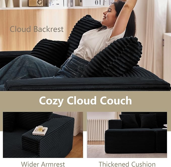 140" Sectional Cloud Couch for Living Room, Modular Floor Deep-Seat Sofa, Big Comfy Corduroy Couches Set with Fluffy Memory Foam, Stupendous L Shaped Sofas, No Assembly Required, Black