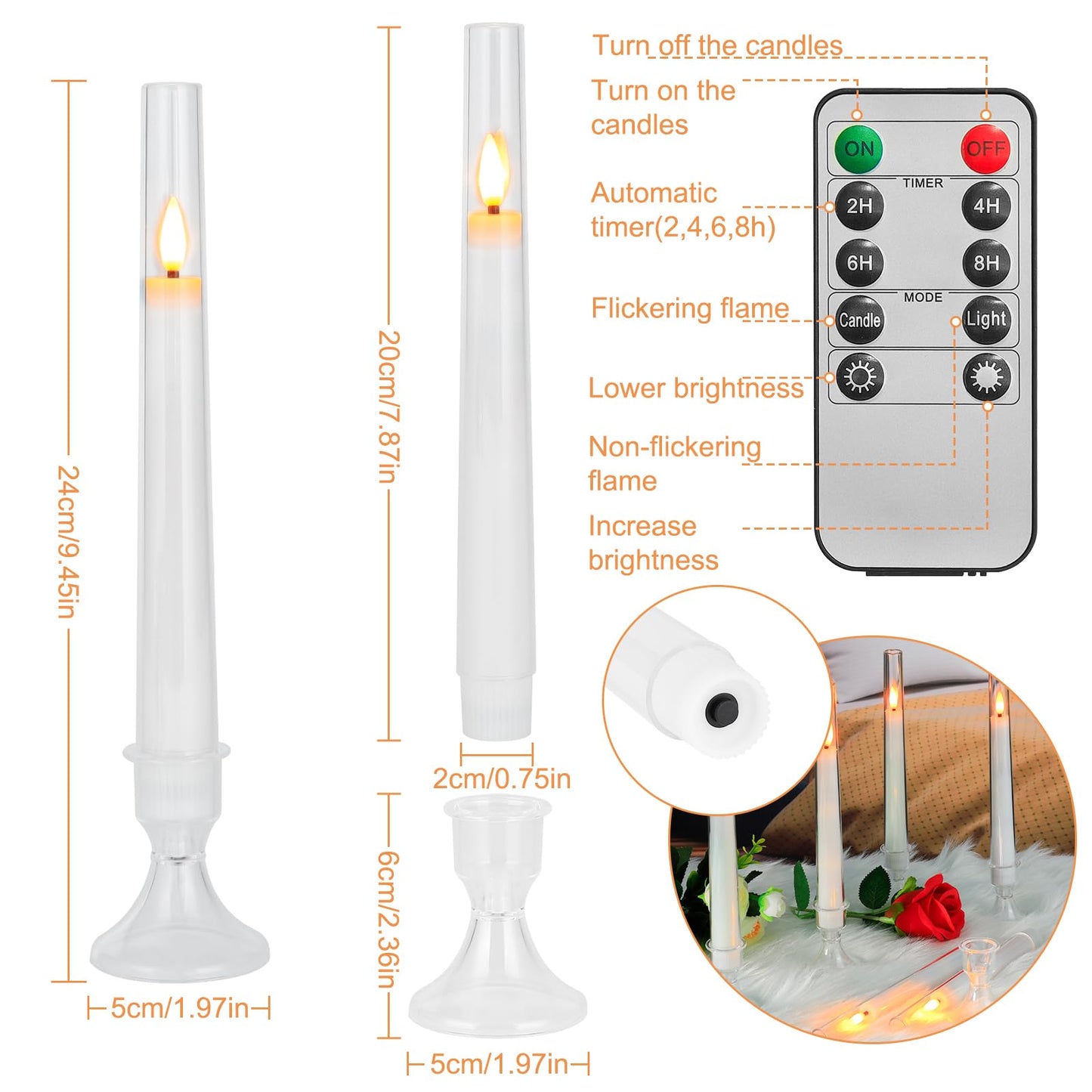 Comenzar 12PC Flameless Taper Candles - LED Candles, Flickering Design with Base, Perfect for Home, Windows,Decoration,Weddings, Parties (White)