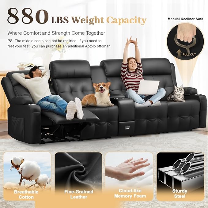 Aotolo Recliner Sofa, 4 Seater Massage Reclining Loveseat Sofa Sets, 1 Single Power Recliner Chairs Heat & Massage, Heavy Weight Capacity, RV Clearance Love Seat Couch with Console, USB, Type C Port