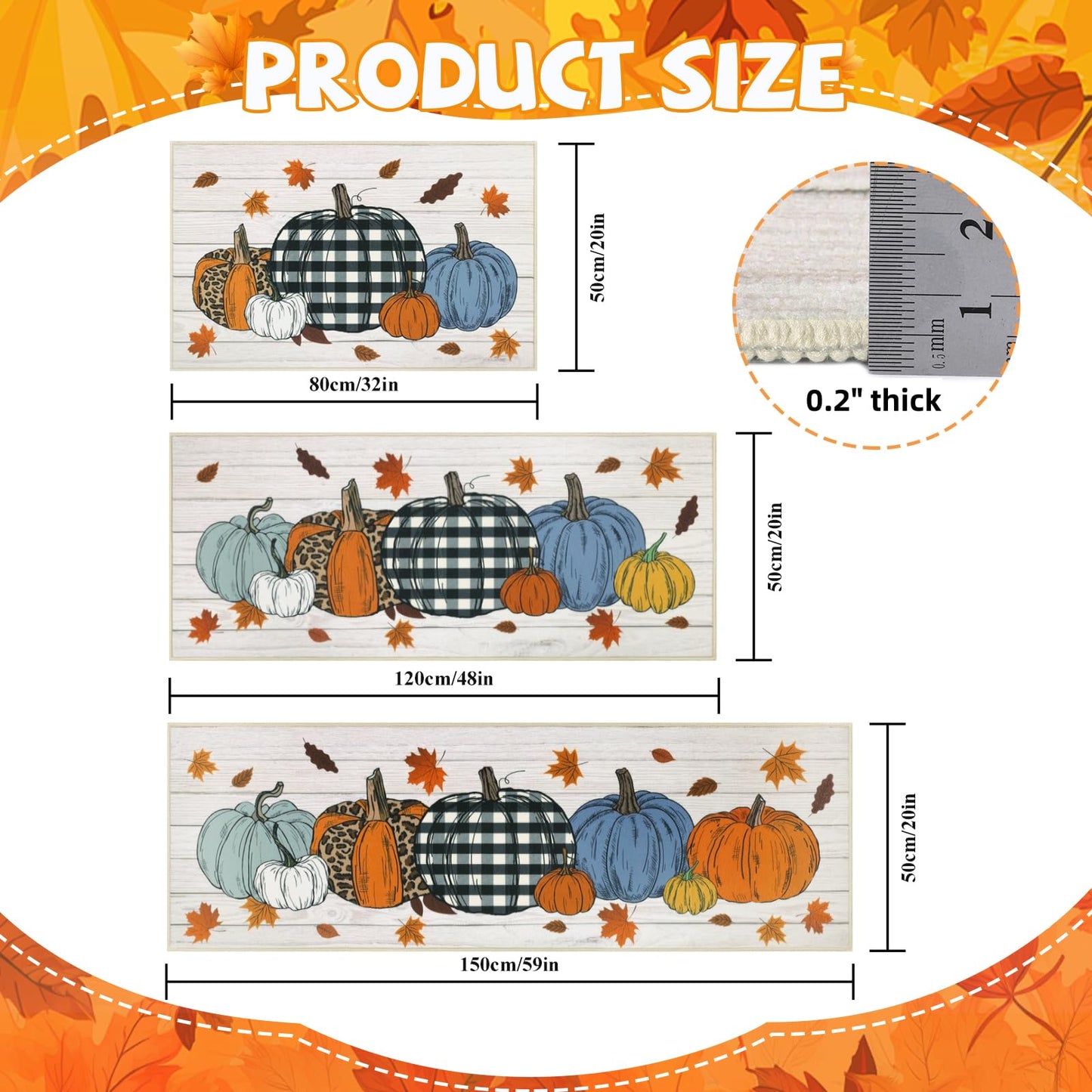 SHACOS Fall Pumpkins Kitchen Rug Sets of 3 Piece Non Slip Washable Kitchen Mats for Floor Autumn Harvest Farmhouse Floor Carpet for Hallway Entryway
