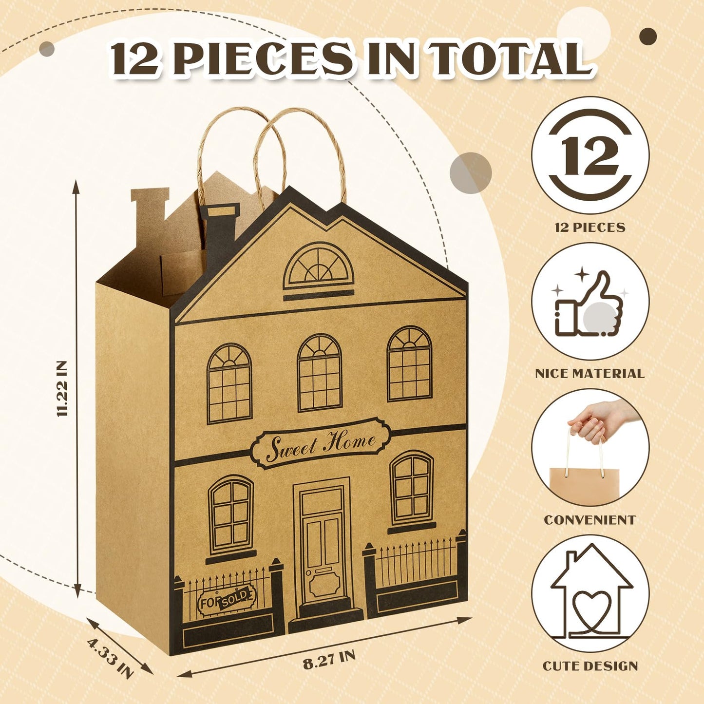 Geosar 12 Pieces House Shaped Gift Bags with Handles Real Estate Agent Gifts House Shaped Paper Treat Bags Kraft Real Estate Party Gift Wrap for Shopping Business