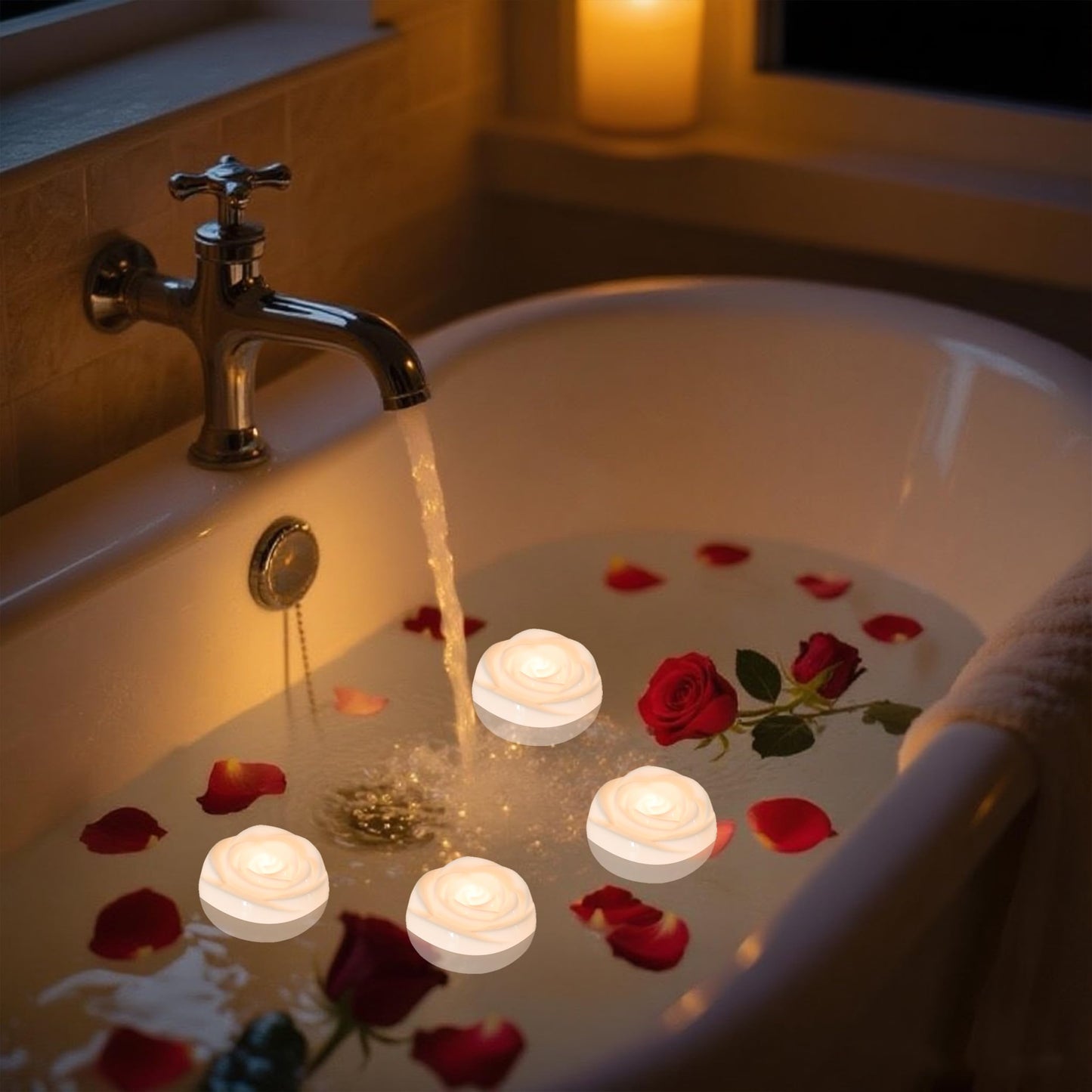 Aignis 6Pcs Flameless Led Floating Candles, White Rose Plastic Tealights Battery Operated, 120+ Hours Glow Time, Cozy Light For