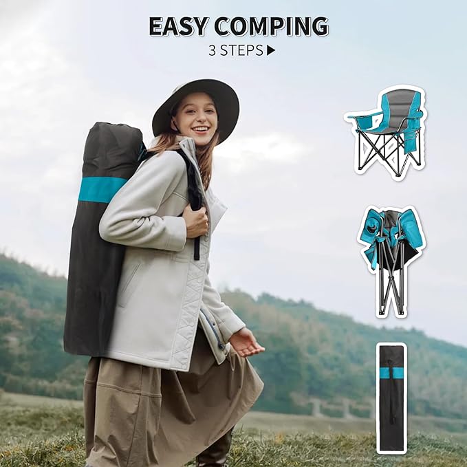 LANMOUNTAIN Oversized Padded Camping Chairs for Adults,Heavy Duty Support 400 Lbs,Folding Portable Lawn Chair w/Cup Holder,Cooler Bag,Side Pocket,Perfect for Outdoor Picnic,Hiking(Blue)