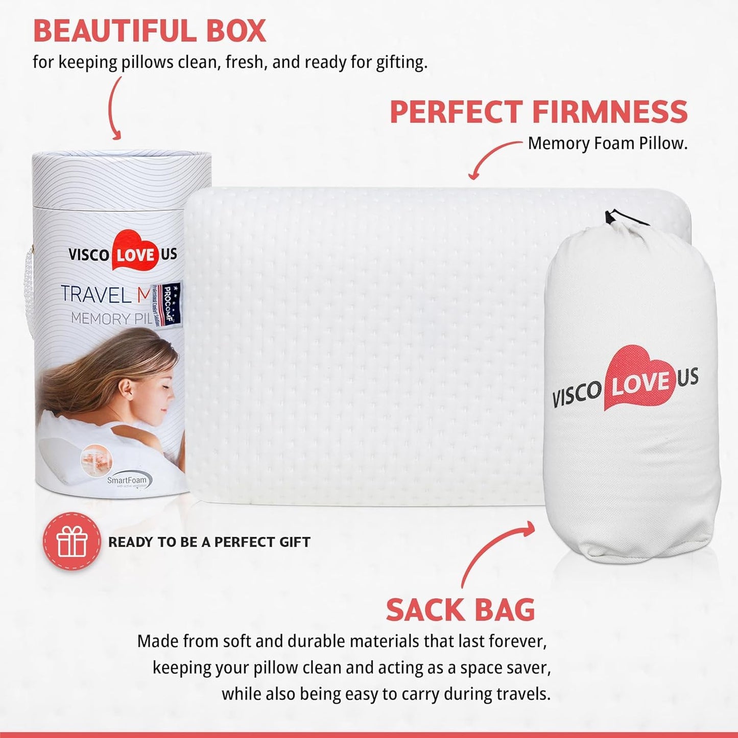VISCO LOVE Travel & Camping Pillow - Comfortable Memory Foam Travel Small Pillow - Backpacking Pillow Easy to Carry Portable Bag Ideal for Airplane & Car Travel Pillows (White)