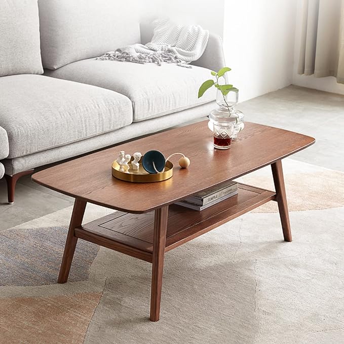 Wayshome 100% Solid Oak Wood Coffee Table for Living Room, 2-Tier Living Room Table with Storage Shelf, Mid Century Modern Coffee Tables (Walnut Colour, 39.37" W x19.68 D x 17.32" H)