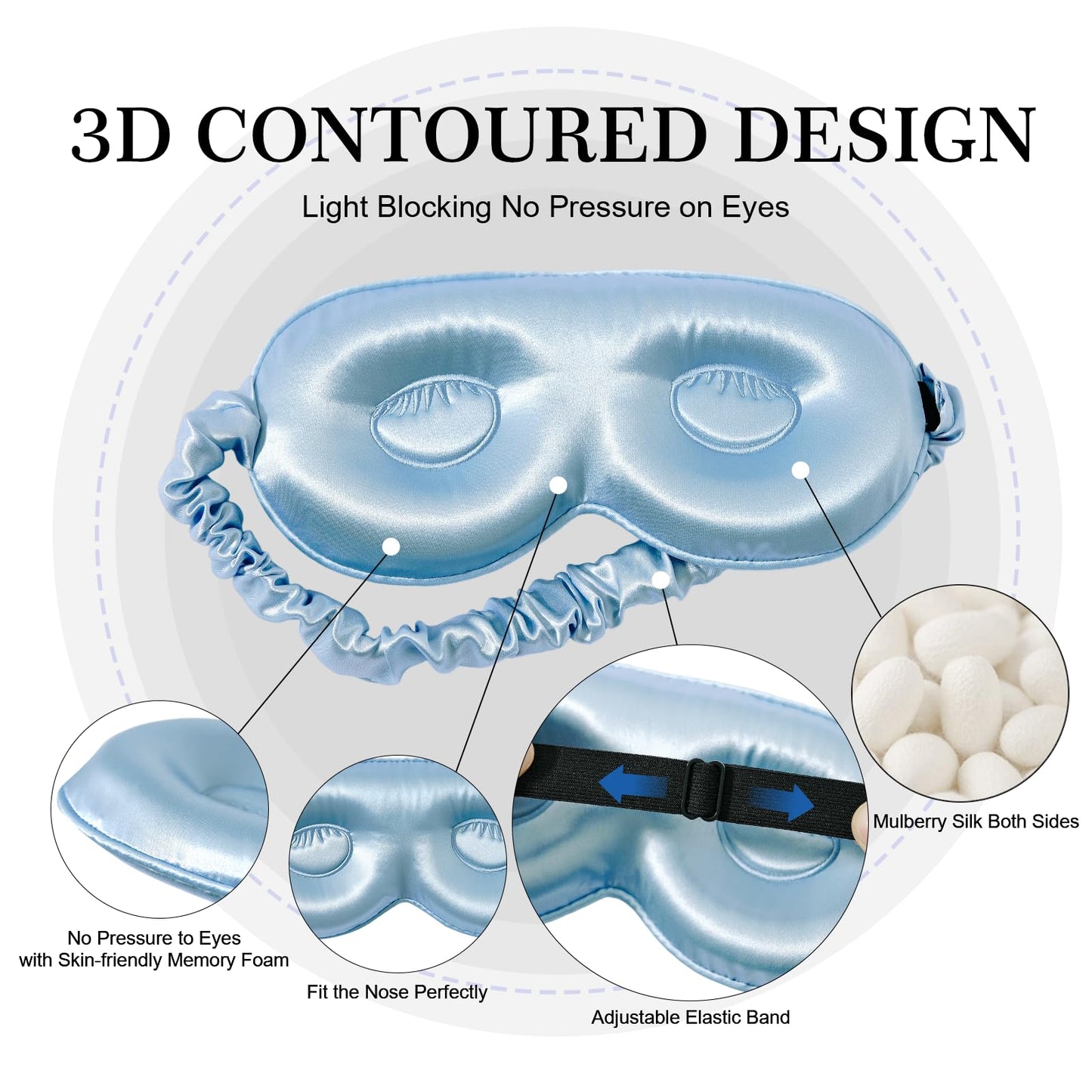 ZIMASILK Adjustable 22 Momme 100% Pure Mulberry Silk Sleep Mask, 3D Contoured Cup Eye Mask for Sleeping, Super Soft Breathable Blindfold, Perfect Blocks Light for Sleeping. (Sky Blue)