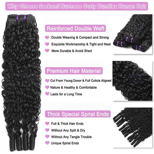 Seekomi Water Curly Bundles Human Hair with Spiral Ends 14 16 18 Inch 100% Virgin Burmese Curly 3 Bundles Human Hair Double Weft Quick Weave for Women, Natural Black Color, 300g