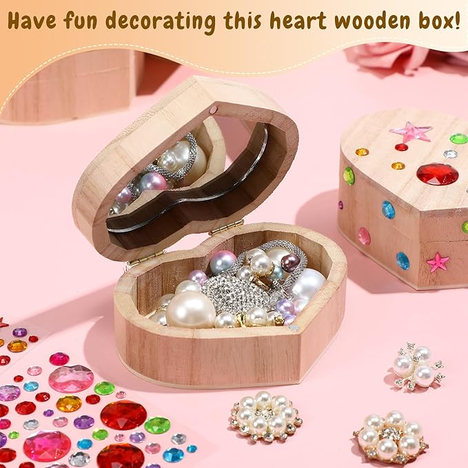 Kigley 24 Set Valentine's Day Gift Unfinished Wooden Box Crafts Heart Treasure Box with Mirror Rhinestones Stickers for DIY Jewelry Keepsake Storage Art Crafts Paint Party Favor Suitable for 15+