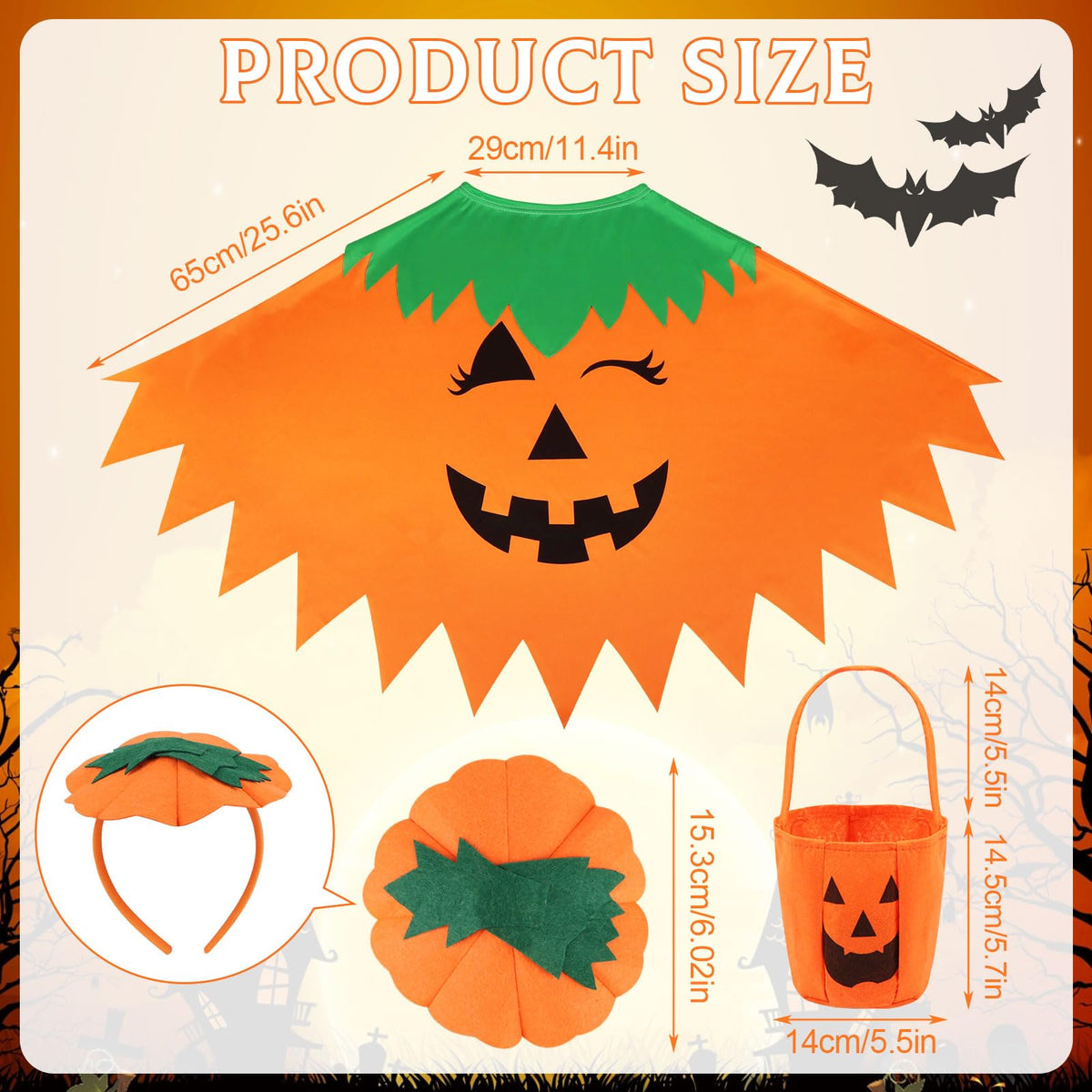 LOAVER 3 Pcs Halloween Pumpkin Costume for Women Adults,Pumpkin Poncho with Headband and Candy Bag for Halloween Costume Trick Or Treat Cosplay Party Accessories