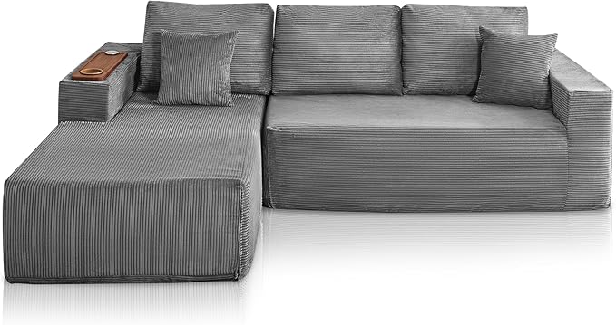 Modular Sectional Sofa Cloud Couch with Multi-Functional Armrests, Boneless Plush L-Shape Living Room Couch with Deep Seat, Fluffy Comfy Sleeper Sofa Easy Assembly (Gray, Right Chaise)