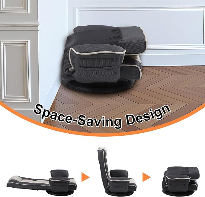 DeeLyan Swivel Floor Chairs for Adults, Floor Gaming Chair with Extra Wide Arms, Back Support 14 Angles Adjustable Comfortable Double Mesh Fabric Lazy Sofa for Video Game Chairs 201 (Grey + Beige)