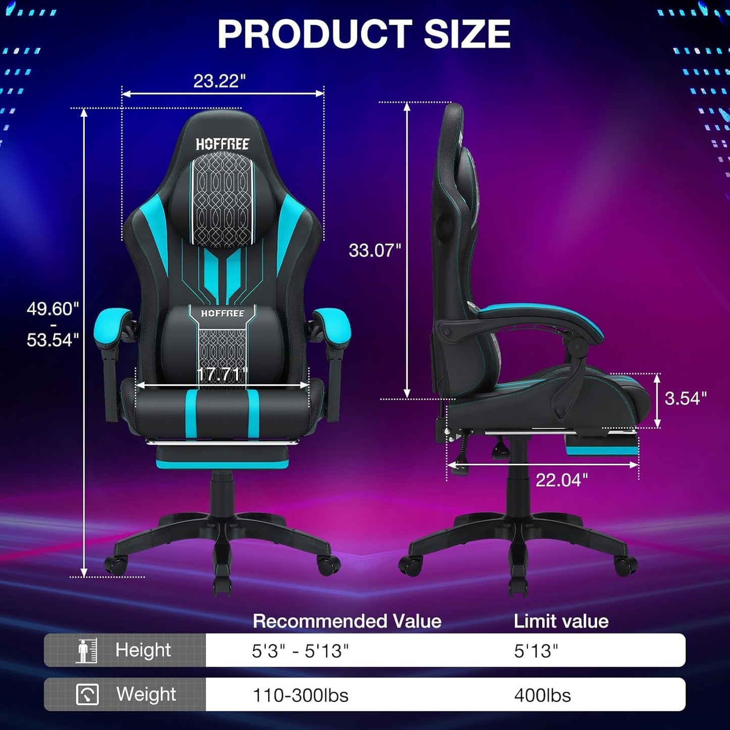 HOFFREE LED Gaming Chair with Speakers Massage Big and Tall Computer Gaming Chairs Ergonomic Reclining Heavy Duty Game Chair with Footrest Blue and Black