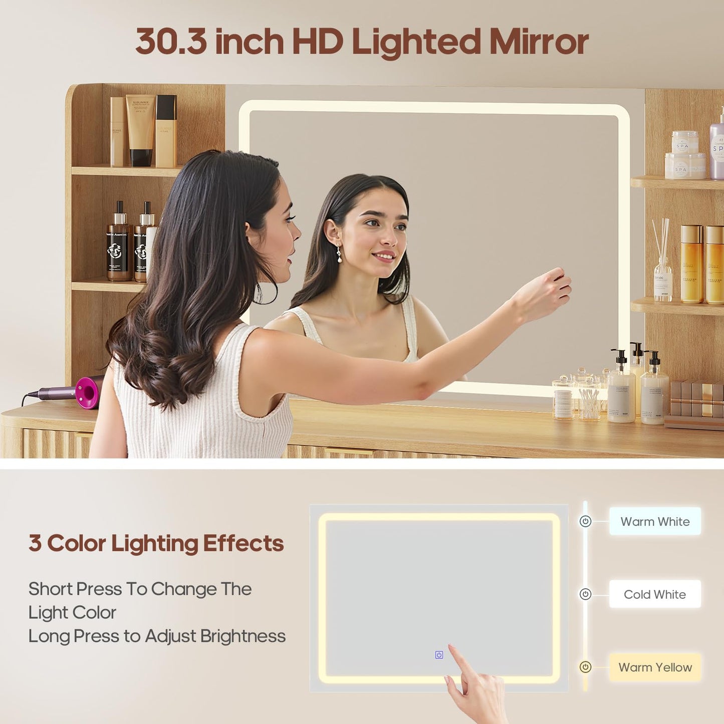 HAUOMS 51.2" Fluted Makeup Vanity Desk with Large 30.3" Mirror and Lights, 5 Drawer Vanity with Power Strip, 6 Open Shelves, 2 Cabinet,Modern Dressing Table with Solid Wood Legs for Bedroom, Oak