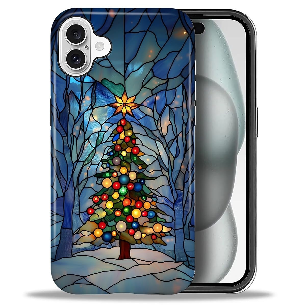 SKAMIX Case for iPhone 16,Drop Protection Hybrid 2-Layer Hard Phone Cover-Stained Glass Winter Christmas Tree