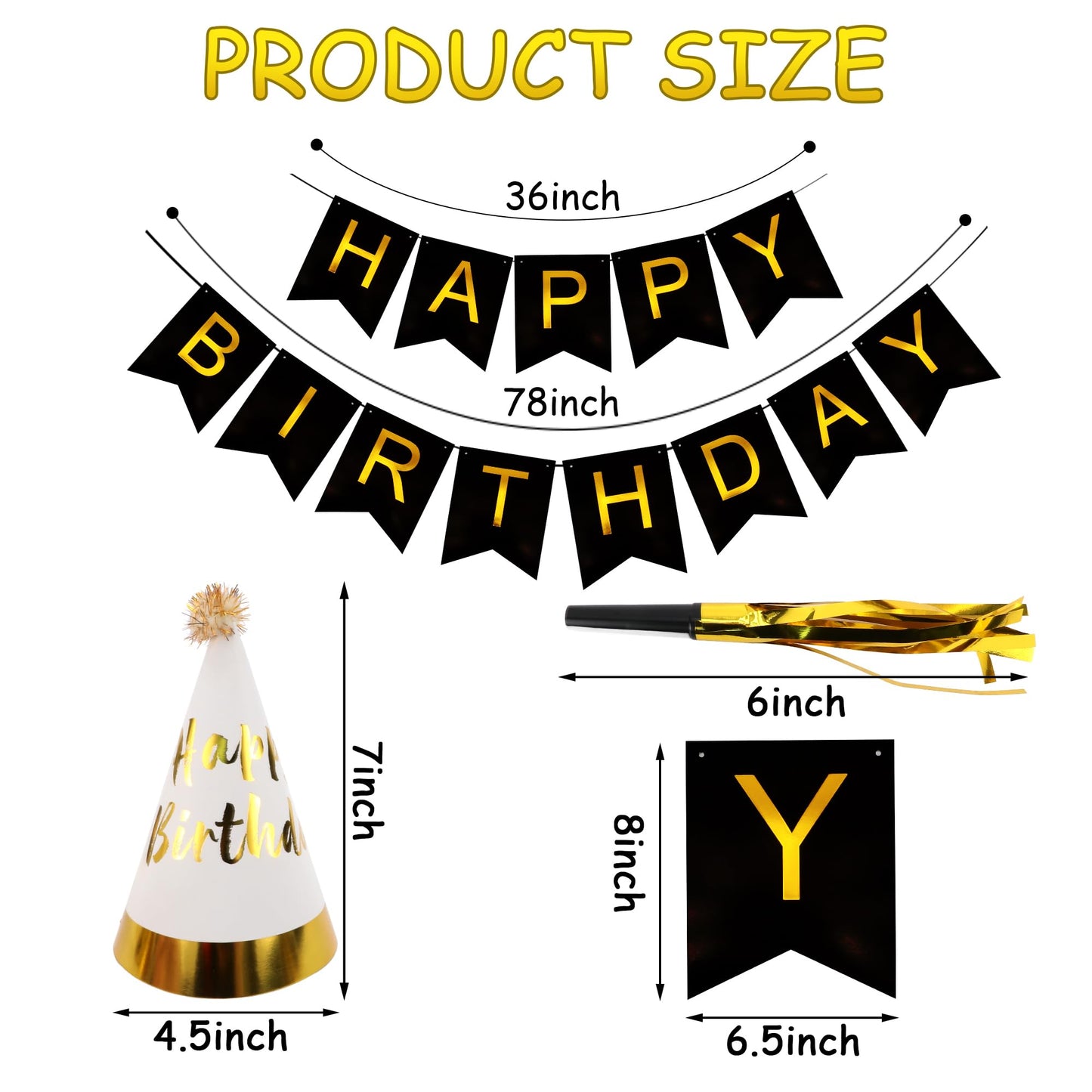 Exacoo 25Pcs Gold Birthday Cone Hat Set Includes 12 Gold Black White Party Hats for Adults 12 Gold Funny Noise Makers 1Pc Happy Birthday Banner Party Essentials Decorations Gorros de Cumpleaños