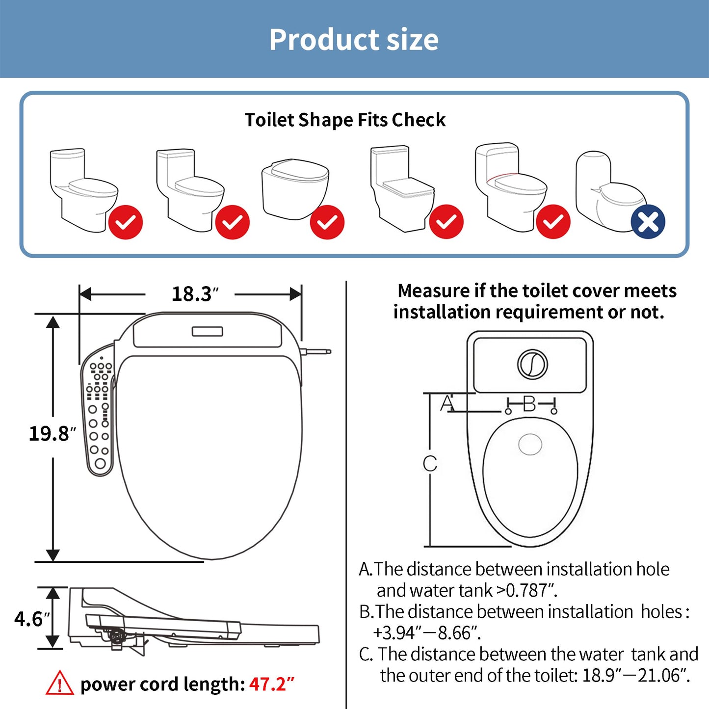 KERDE P30A Electric Bidet Toilet Seat - Smart Heated Seat with Auto-Flush, Side Panel Control for Existing Toilets, Quiet Close Lid & Warm Air Dryer Elongated
