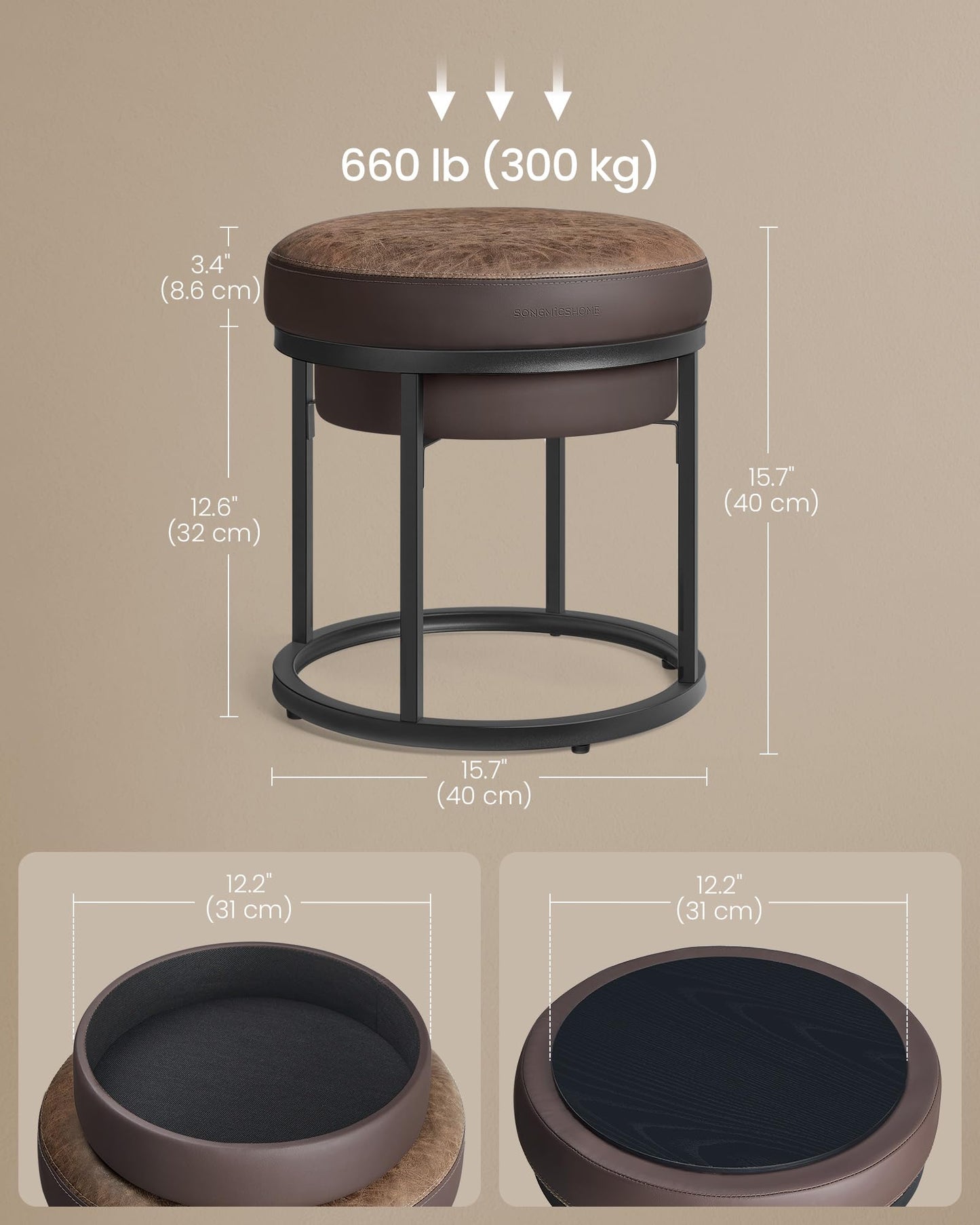 SONGMICS HOME LUIZ Collection - Ottoman Footstool, Round Ottoman, Vanity Chair Stool, Footrest, Reversible Top, Side Table, Max. Load 660 lb, Bedroom Living Room Entryway, Walnut Brown ULOM080K01