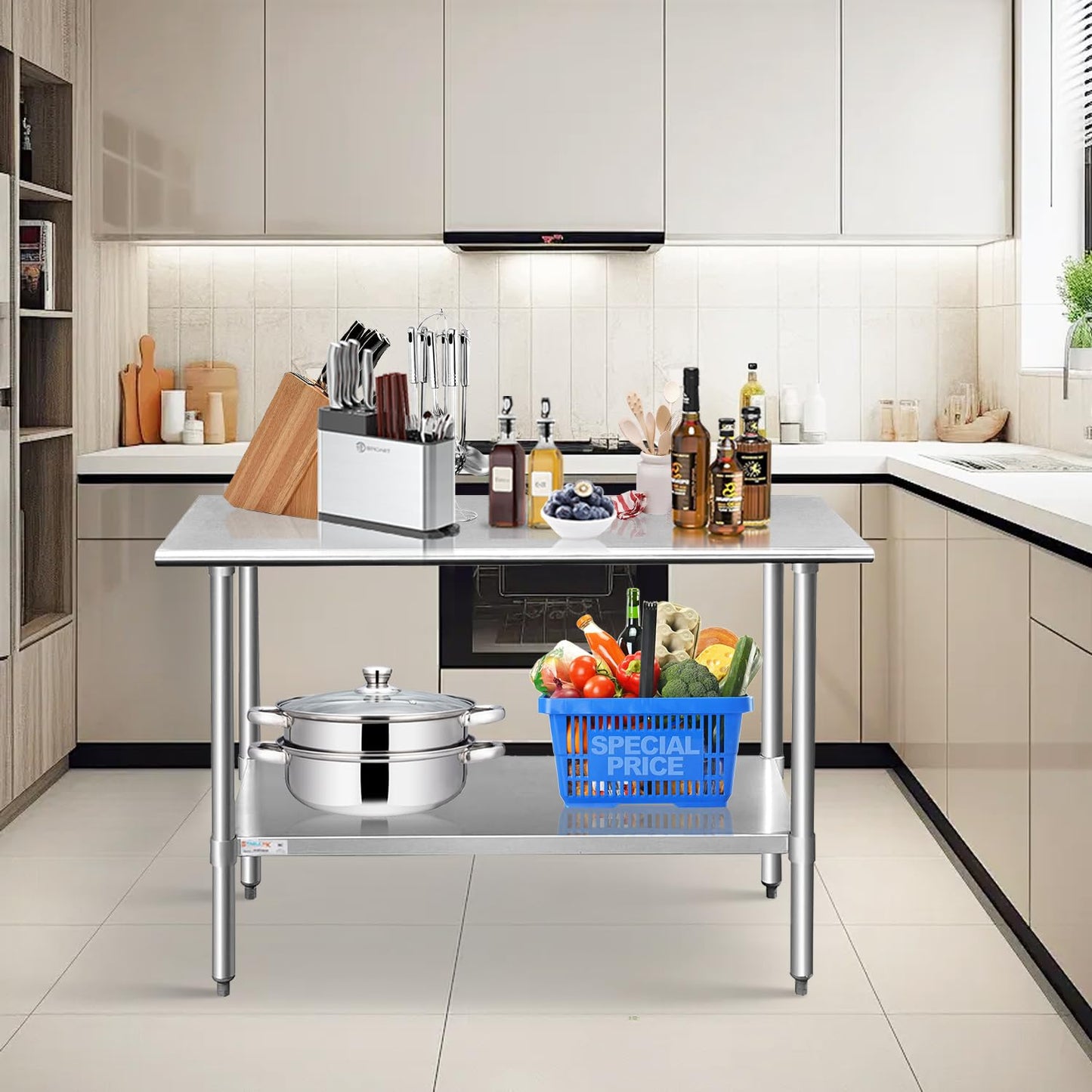STABLEINK NSF Stainless Steel Prep Table 48 x 24 Inches Metal Work Table with Adjustable Undershelf for Commercial Kitchen, Restaurant, Hotel and Garage