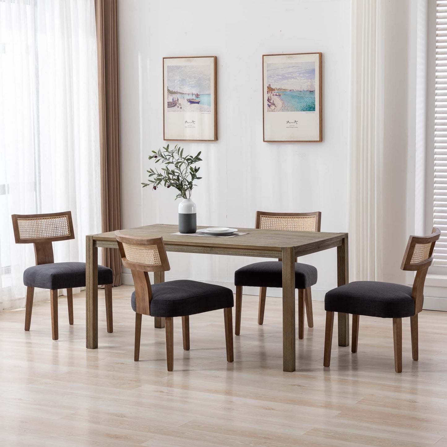 BESTANO Rattan Dining Chairs Set of 4, Mid-Century Modern Wooden Farmhouse Dining Chairs Linen Fabric Upholstered Kitchen Chairs with Curved Cane Back, Charcoal