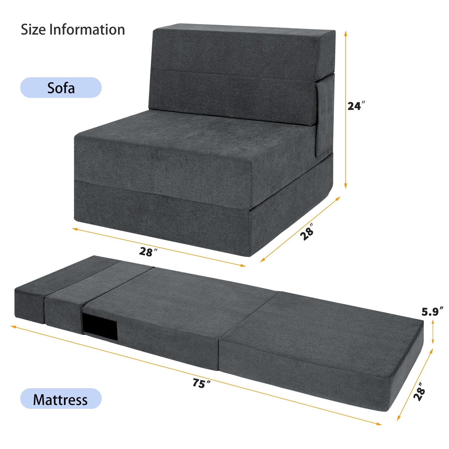 Ressainic Folding Sofa Bed Chair with Pillow,Convertible Fold Out Chair Bed Sleeper,Foam Floor Mattress, Foldable Futon Couch Bed for Living Room/Dorm/Guest/Office (Grey, Single)
