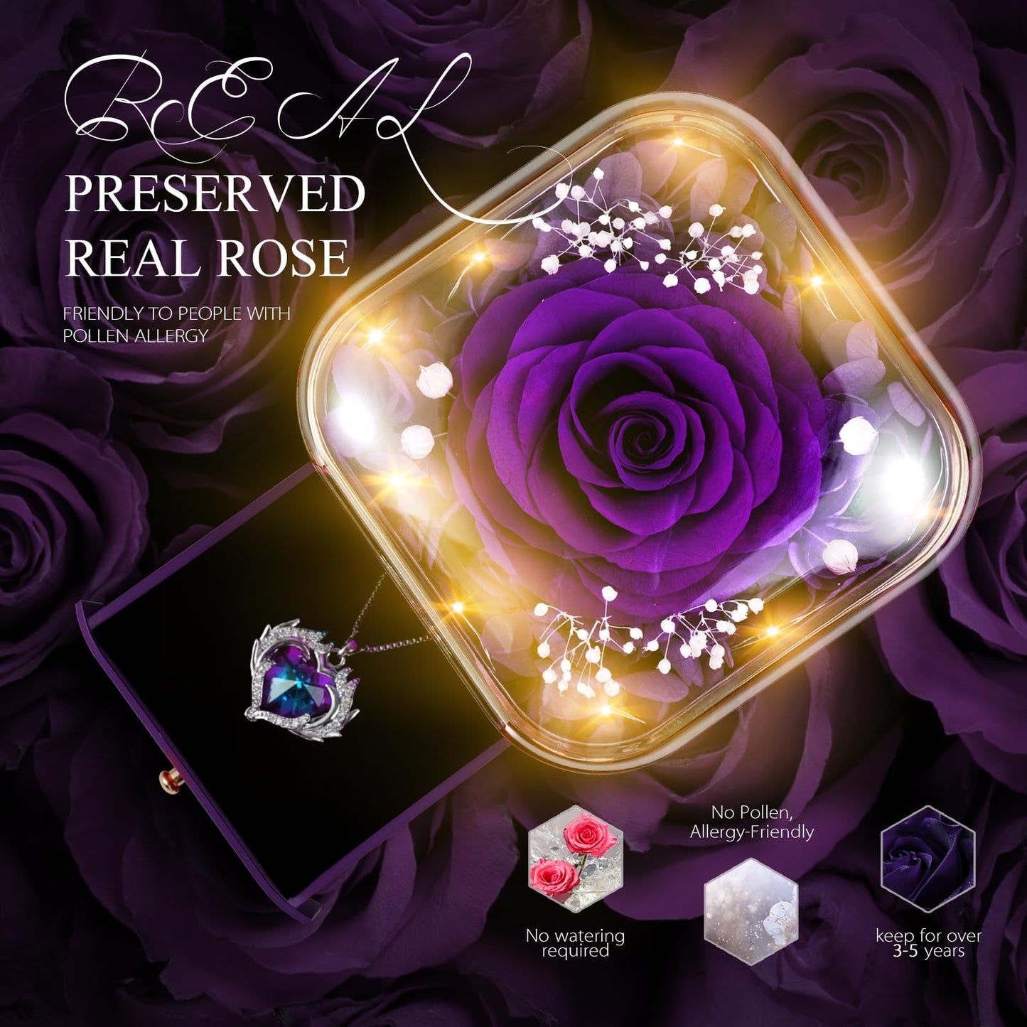Forever Preserved Rose for Women Mum Wife Girlfriend Eternal Rose Flower Gift Box with Necklace for Her Ideal for Valentines Day Mother's Gifts Birthday for Women Anniversary