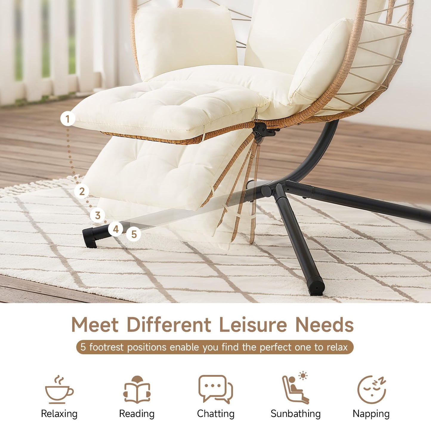 ONBRILL Hanging Egg Chair with Adjustable Footrest & Stand, Wicker Rattan Swing Hammock Chair with Cushion & Double Chains, 350LBS Capacity for Outdoor & Indoor Patio, Deck, Bedroom, Balcony (YE-BE)