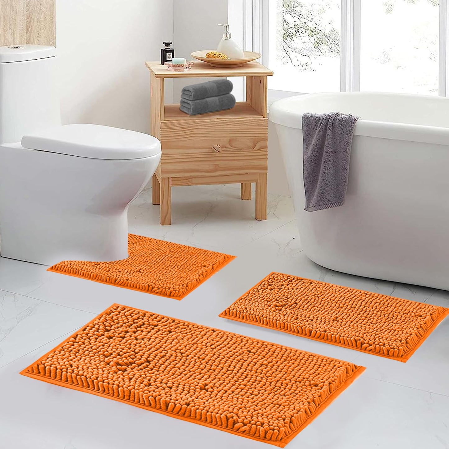 Orange Bathroom Rugs 2 Pieces Bright Orange Bath Rugs Fall Shower Rugs with Small Rug Contour Toilet Mat Absorbent Chenille Plush Bath Mats Non Slip Bath Rugs Bathroom Floor Mats Bath Mat Set