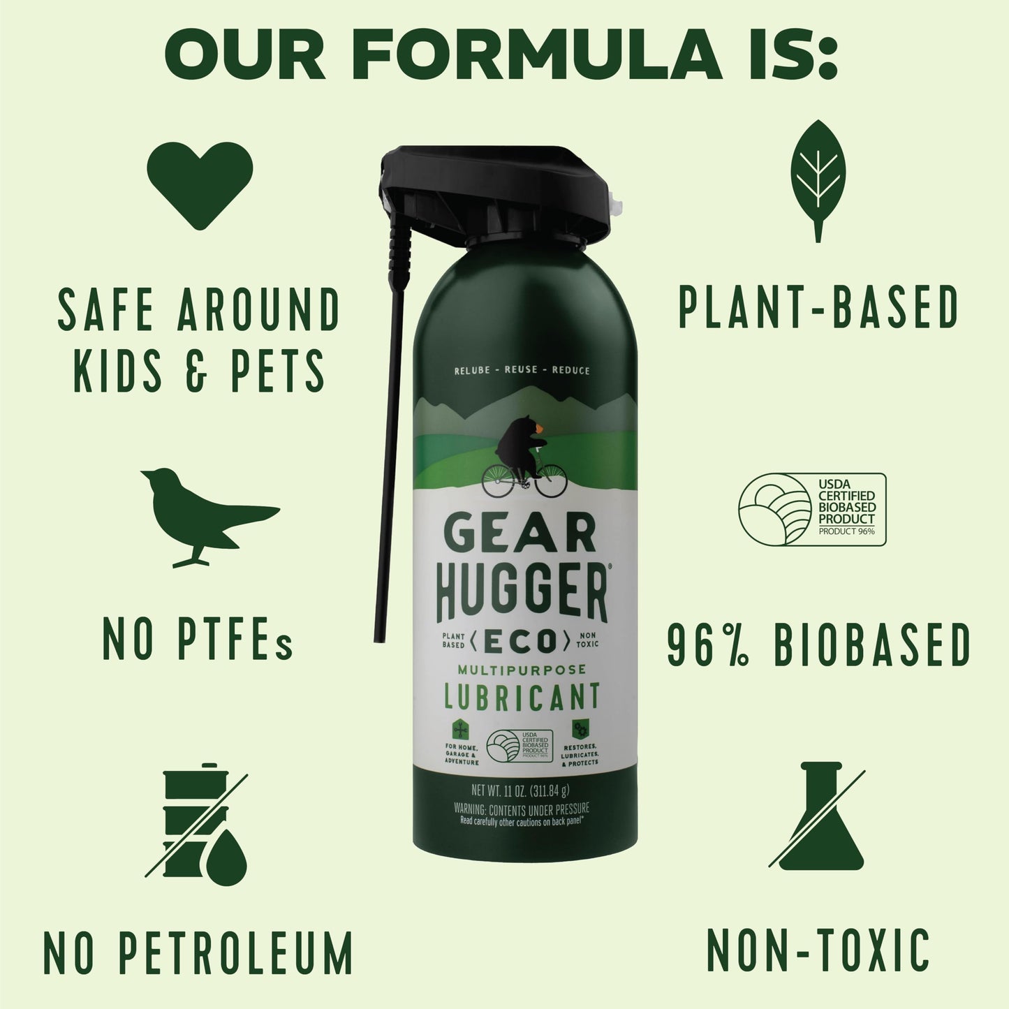 Gear Hugger Multipurpose Lubricant - Eco-Friendly (11 oz, Pack of 2), Rust Remover - Garage Door Lubricant Spray, Door Hinge Lubricant & Lock Lubricant - Plant-Based, No Petroleum, No PTFE