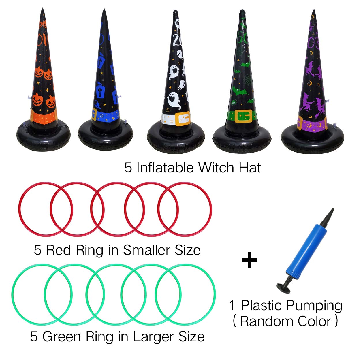 Poptrend 5PK Halloween Inflatable Witch Hat Ring Toss Game With Air Pump - Games Toys for Kids Adults, Decorations