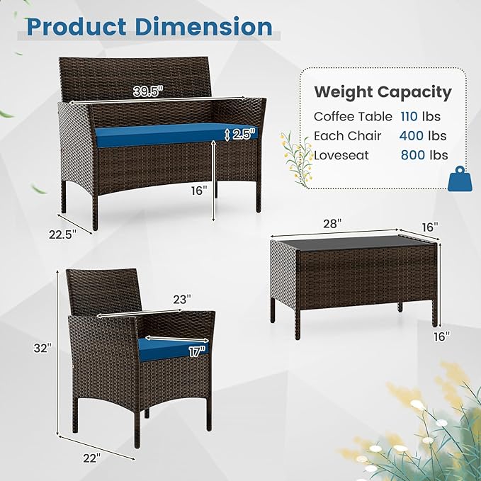 HAPPYGRILL 4 Pieces Outdoor Rattan Conversation Set, Patio Wicker Furniture Set with Loveseat Chairs & Tempered Glass Coffee Table, Outside Sectional Sofa Set for Backyard Garden Poolside, Blue