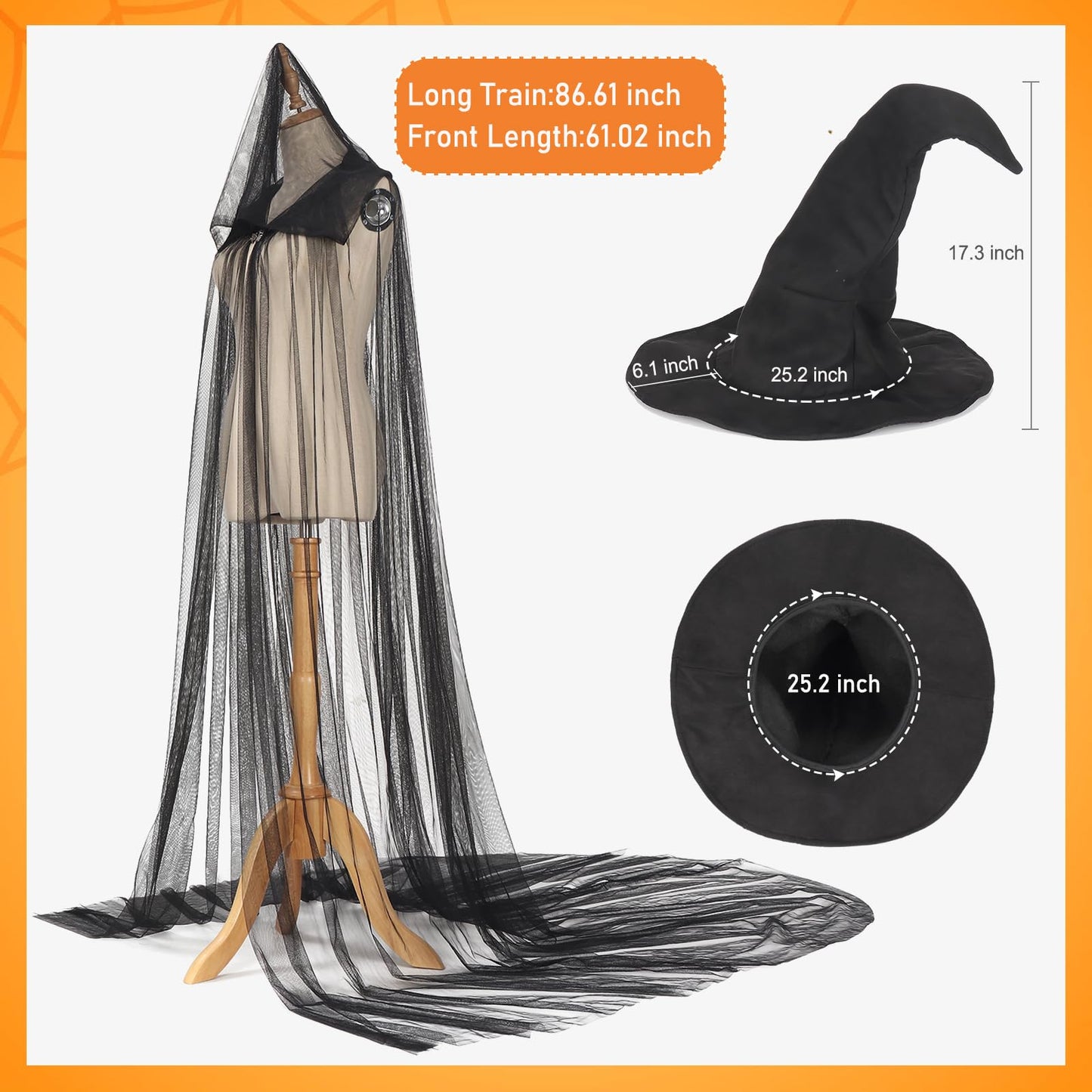 Ultrafun Halloween Witch Hat Costume for Women Full Length Sheer Witch Cloak with Hood for Cosplay Costume (Black)