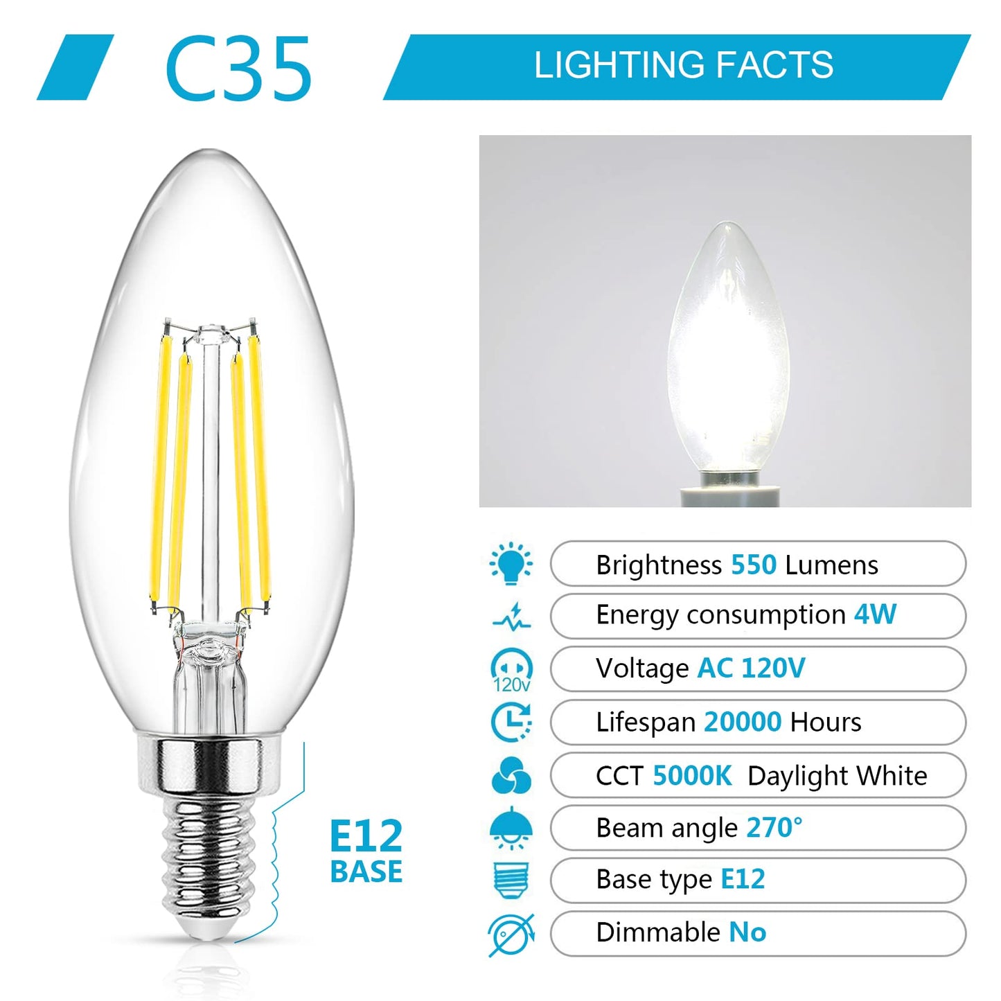 Ascher E12 Candelabra LED Light Bulbs 60 Watt Equivalent, Daylight White 5000K, Non-Dimmable, 550 Lumen, Clear LED Filament Candle Bulbs, Pack of 5