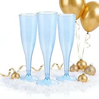 WDF 36 Pack Clear Blue Plastic Champagne Flutes - 7OZ Blue Champagne Flutes Plastic, Champagne Glasses Disposable for Part...