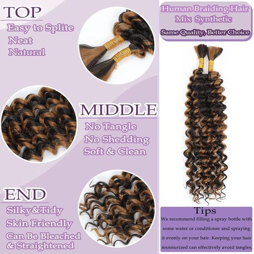 Xddnamei Chocolate Honey Blonde Human Braiding Hair 2 Bundles Total 100g 24 Inch Deep Wave P4/27 Braiding Human Hair Brazilian Virgin Hair Bundles for Boho Braids