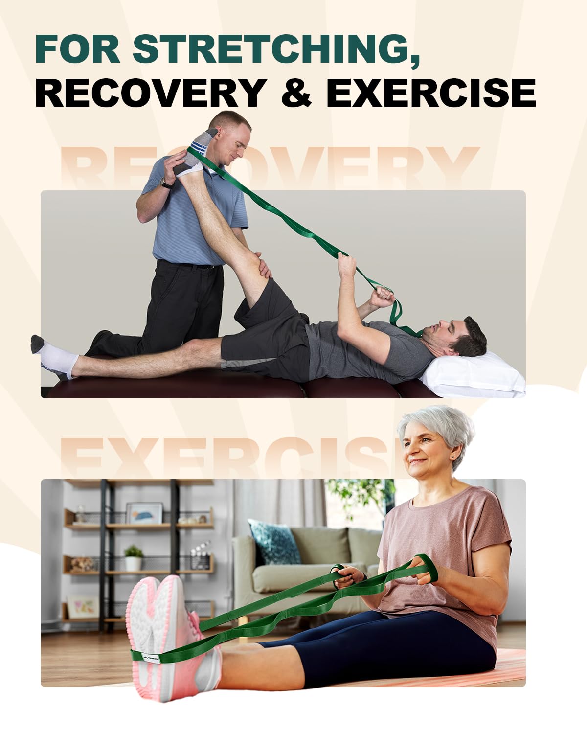 Trideer Stretching Strap Yoga Strap Physical Therapy for Home Workout, Exercise, Pilates and Gymnastics, 10 Loops Non-Elastic Stretch Bands with Aesthetic Packaging for Women & Men (Green)