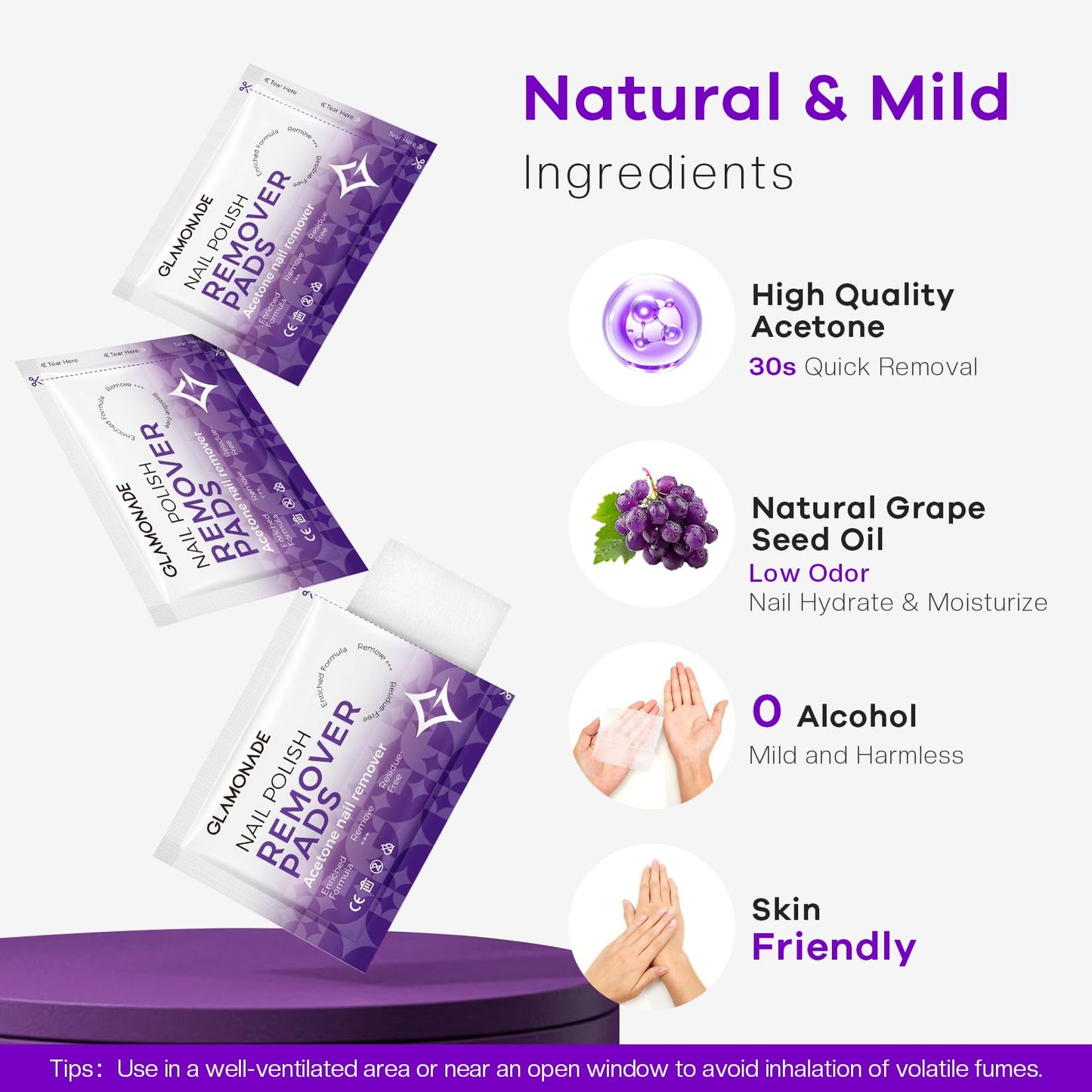 Glamonade Nail Polish Remover Pads: Acetone Nail Polish Remover Wipes 50 PCS Professional Individually Wrapped Wet Wipes Rapidly