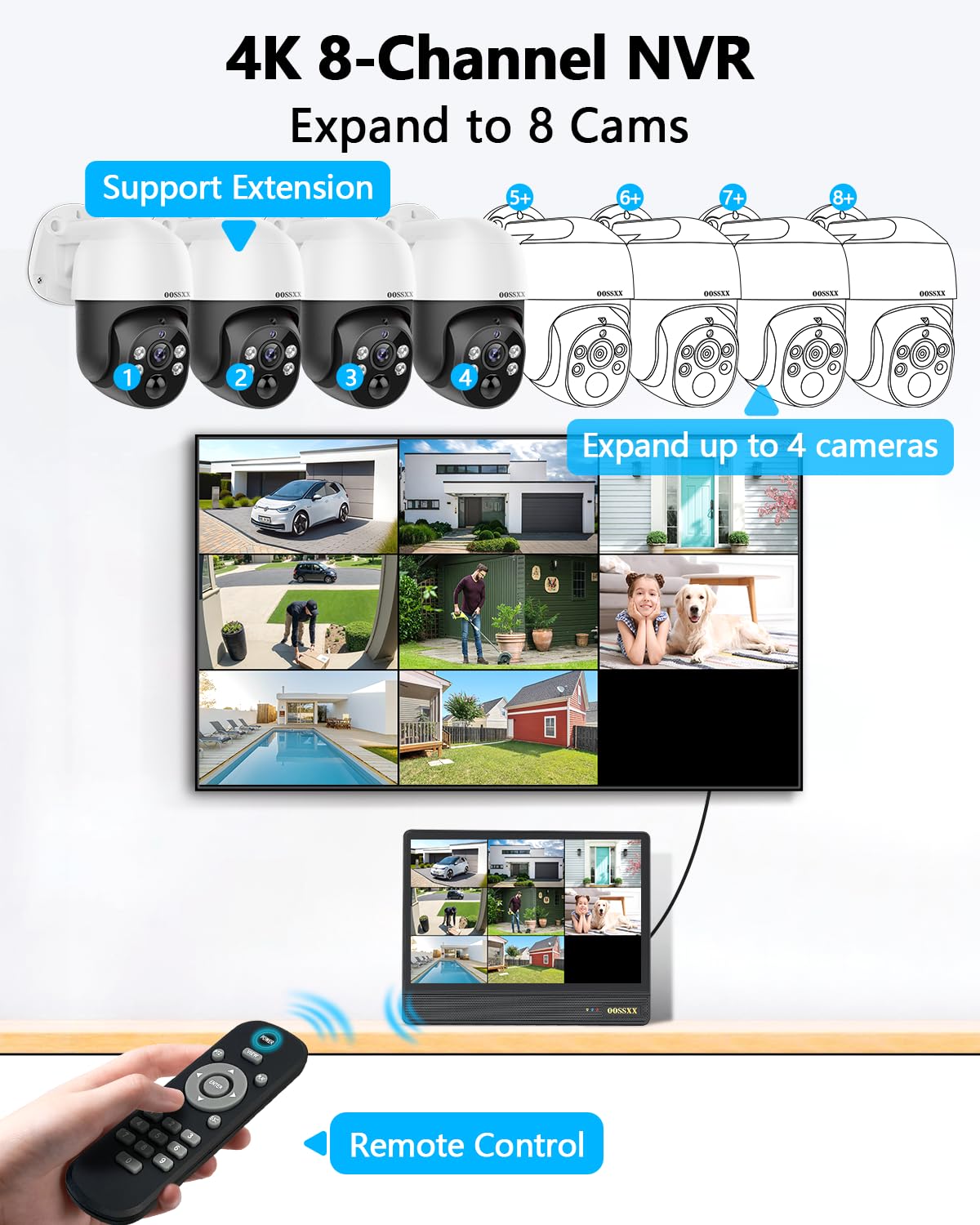 OOSSXX (2026 New) 4K PoE PTZ Security Camera System with 10.2'' Monitor, 8CH NVR, 4 Wired Outdoor Cameras, Pan Tilt Auto Tracking, AI Human Detection, Free App, No Monthly Fee, IP66