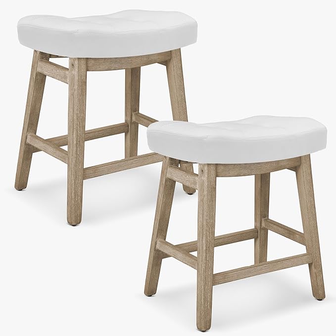 RNKSFX Counter Height Bar Stools Set of 2 for Kitchen Counter, Wooden Backless Island Barstools Farmhouse Modern Short Stools No Back with Faux Leather Saddle Seat 24 inch Counter Top Chairs, White