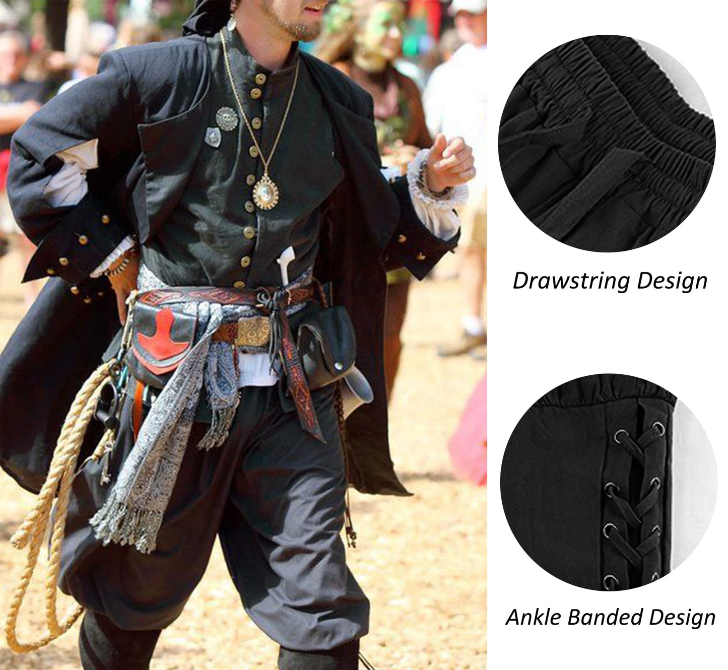 Men's Ankle Banded Pants Medieval Viking Navigator Pirate Costume Trousers Renaissance Gothic Pants, Black, Large