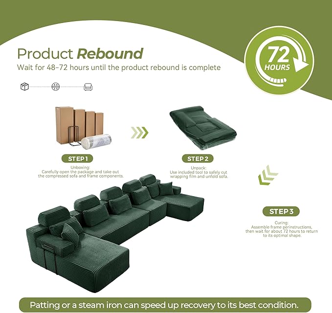 171" U-Shaped Cloud Modular Sectional Sofa with Chaise & Headrest, Boneless Deep Seat Plush Corduroy Couches for Large Living Room, No Assembly Required (Green, 171" U-shapred Chaise)