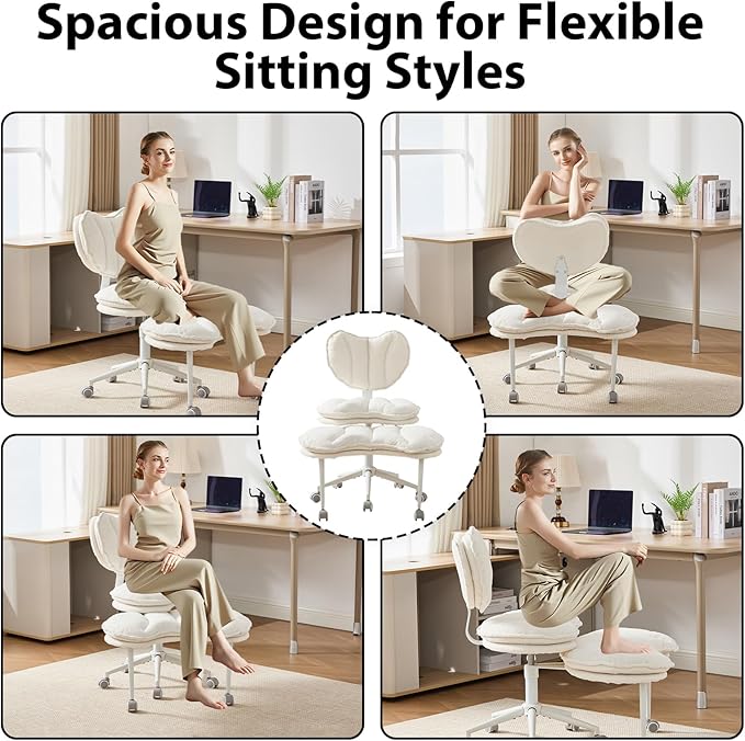 Cross Legged Office Chair with Wheels, Double-Layer Cushion & Backrest, 360° Swivel Meditation Yoga Chair, Adjustable Height Ergonomic Desk Chair for Adults & ADHD, Teddy Fabric, Ivory