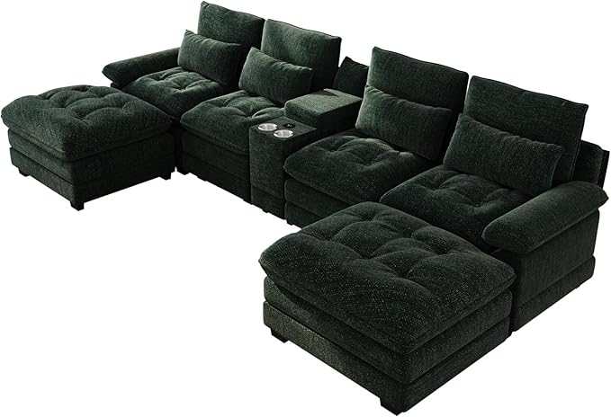 BEQAI 134"U Shaped Sectional Couches for Living Room, Oversized Modular Sectional Fluffy Couch with 2 Ottoman & Storage Console,Modern 6 Seat Living Room Sofa with Glitter Fabric,Tufted Buttons, Green