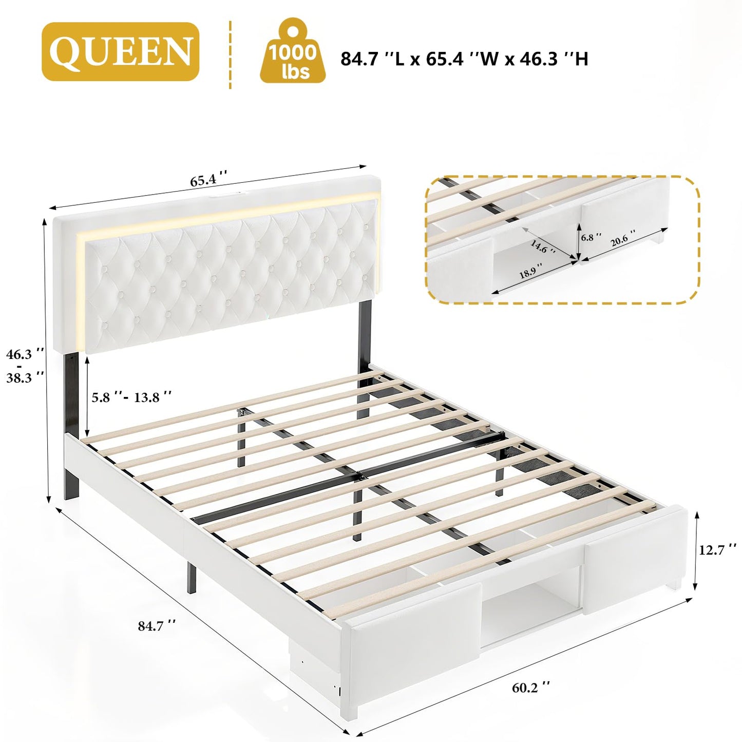 Queen Bed Frame with Sliding Barn Door Storage Cabinets,Bed Frame Queen Size Button Tufted Platform with Adjustable Comfortable Headboard,LED Lights,Charging Station,Solid Wooden Slats,Noiseless