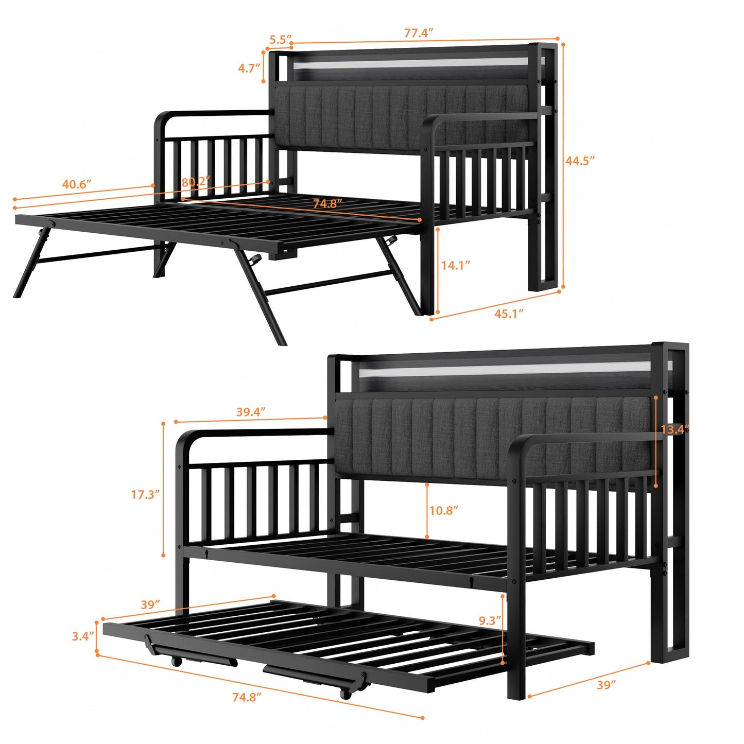 Daybed with Trundle and LED Light, Heavy Duty Metal Twin Bed Frame with Upholstered Storage Headboard & Charging Station, Day Bed Pop Up Trundle Bed Twin for Living Room,Bedroom and Guest Room (Black)
