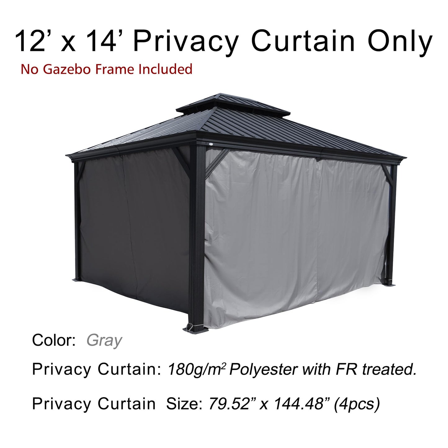Kozyard Gazebo Privacy Curtain Outdoor Waterproof Sidewall for Hardtop Patio Gazebo Curtains for Alexander Caesar Rosana Apollo Model (12ft x 14ft, Gray)