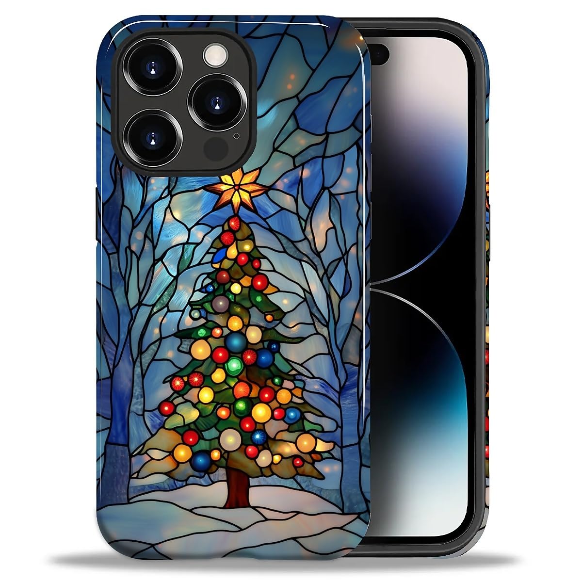 SKAMIX Case for iPhone 14 Pro,Drop Protection Hybrid 2-Layer Hard Phone Cover-Stained Glass Winter Christmas Tree